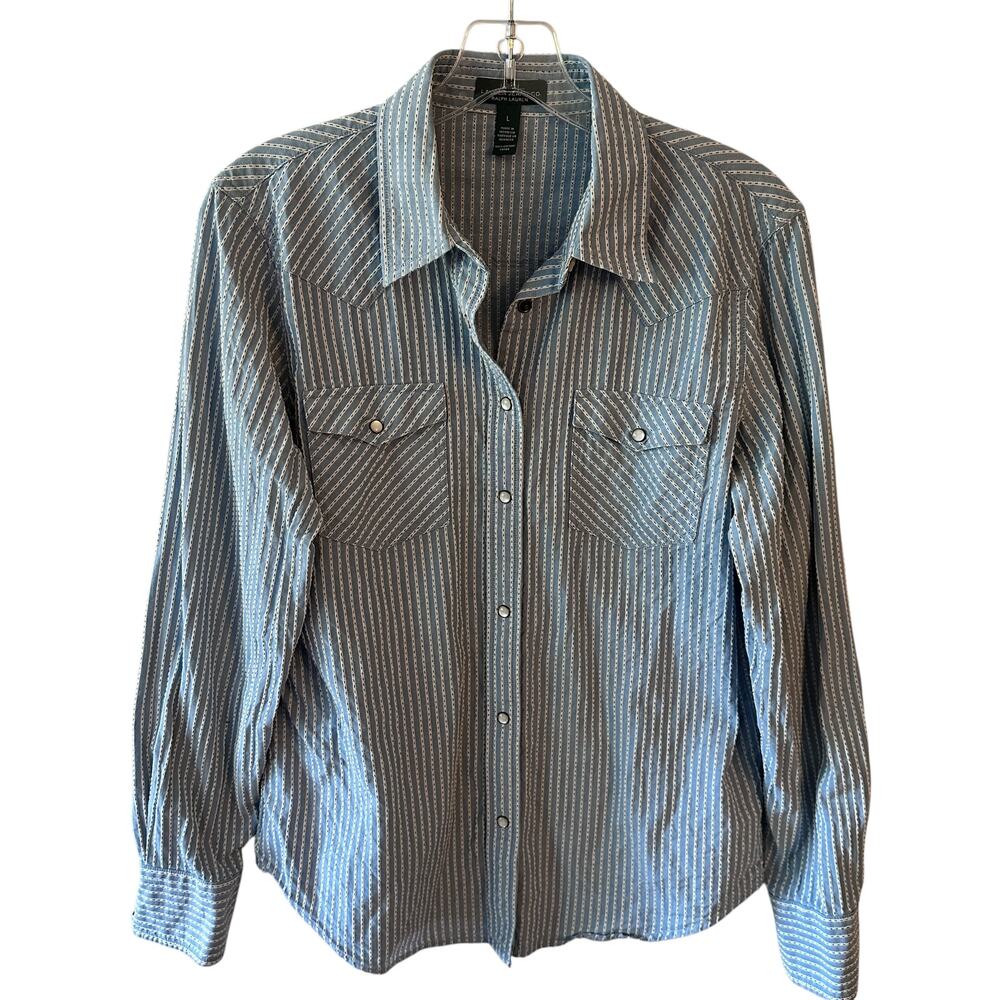 LRL Lauren Jeans Striped Pearl Snap Top Womens Large Light Blue Western Shirt - Picture 2 of 10
